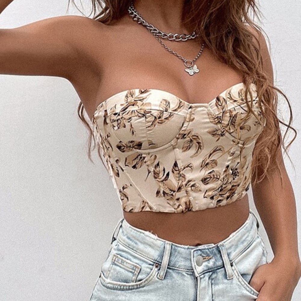 Boho floral print lace up back satin bustier corset tube top - Picture 5 of 13